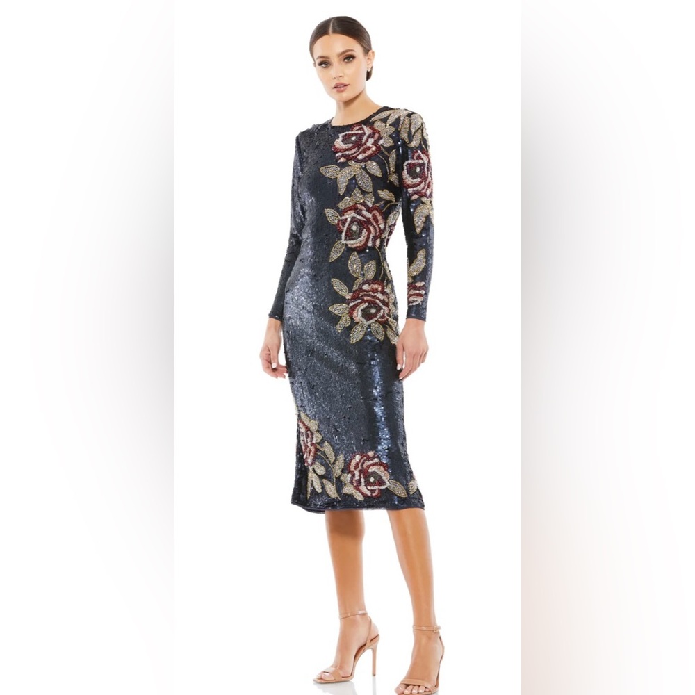 SEQUINED ASYMMETRICAL FLORAL LONG SLEEVE MIDI DRESS Color Midnight Size 10